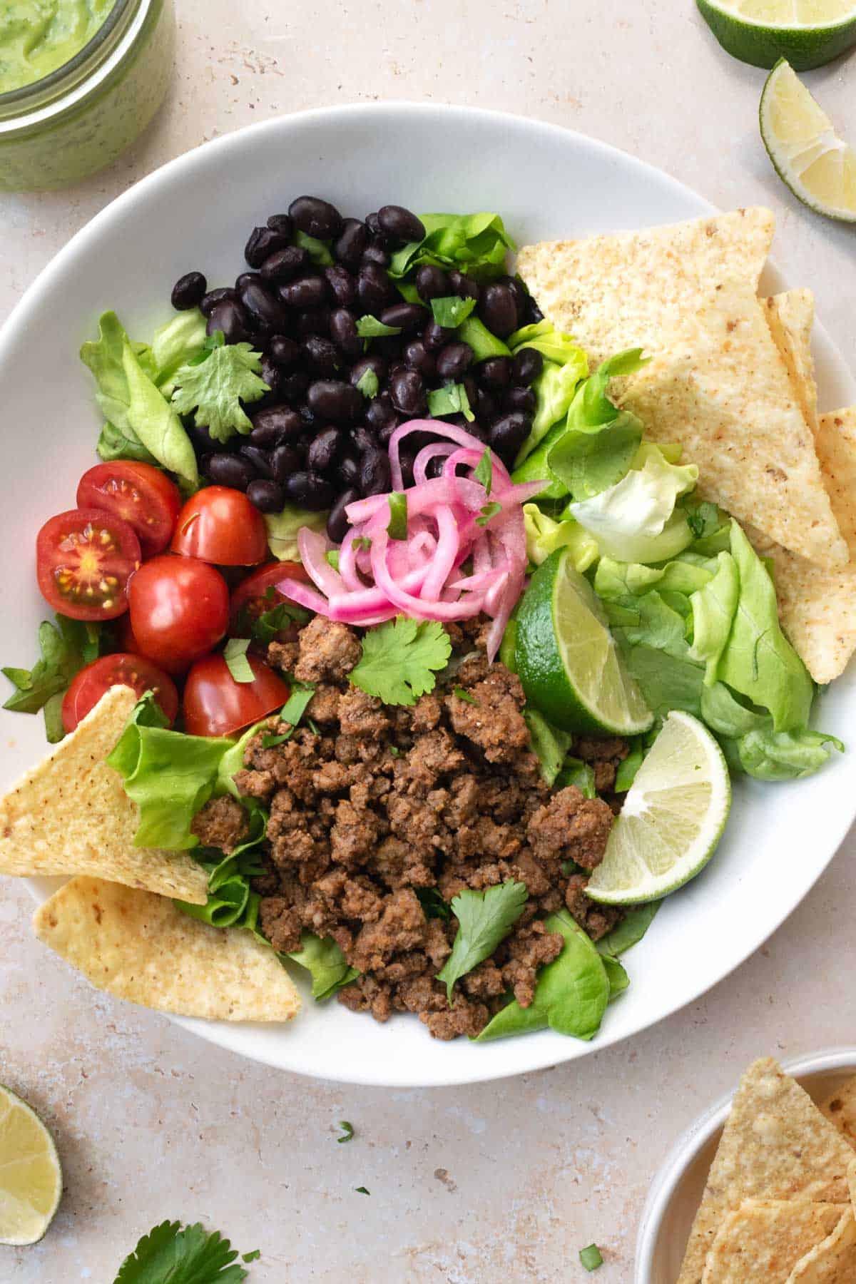 Beef Taco Salad with Avocado Cilantro Dressing