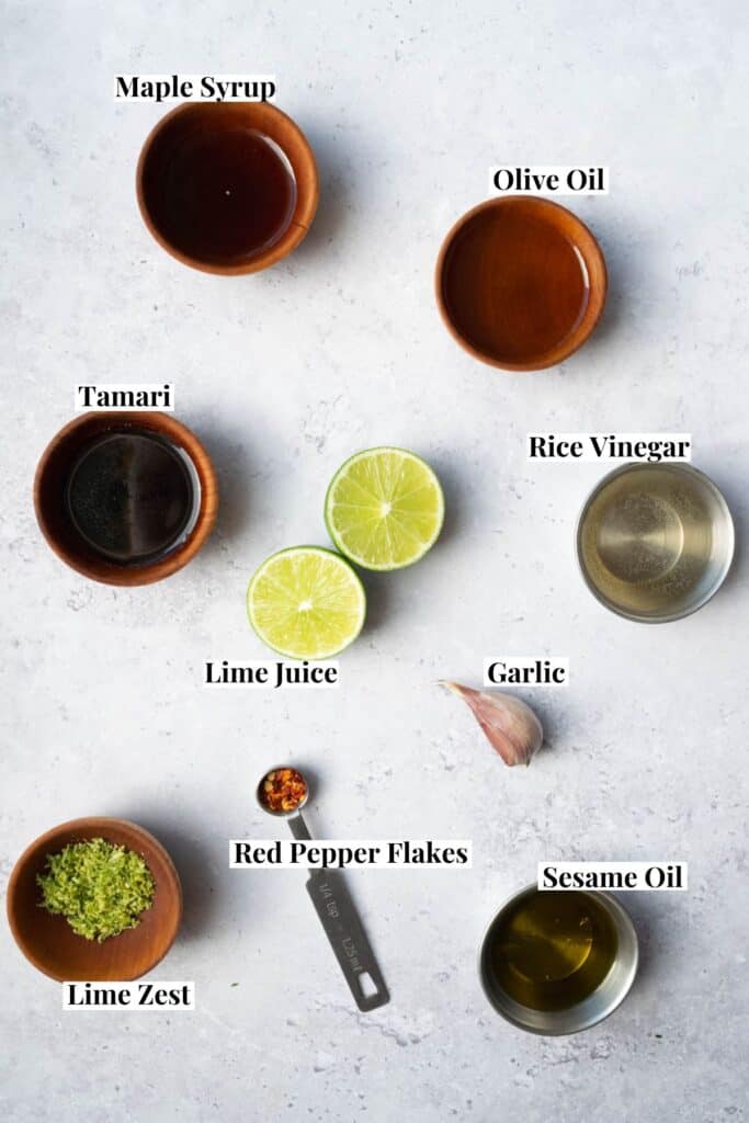 salad dressing ingredients in bowls.