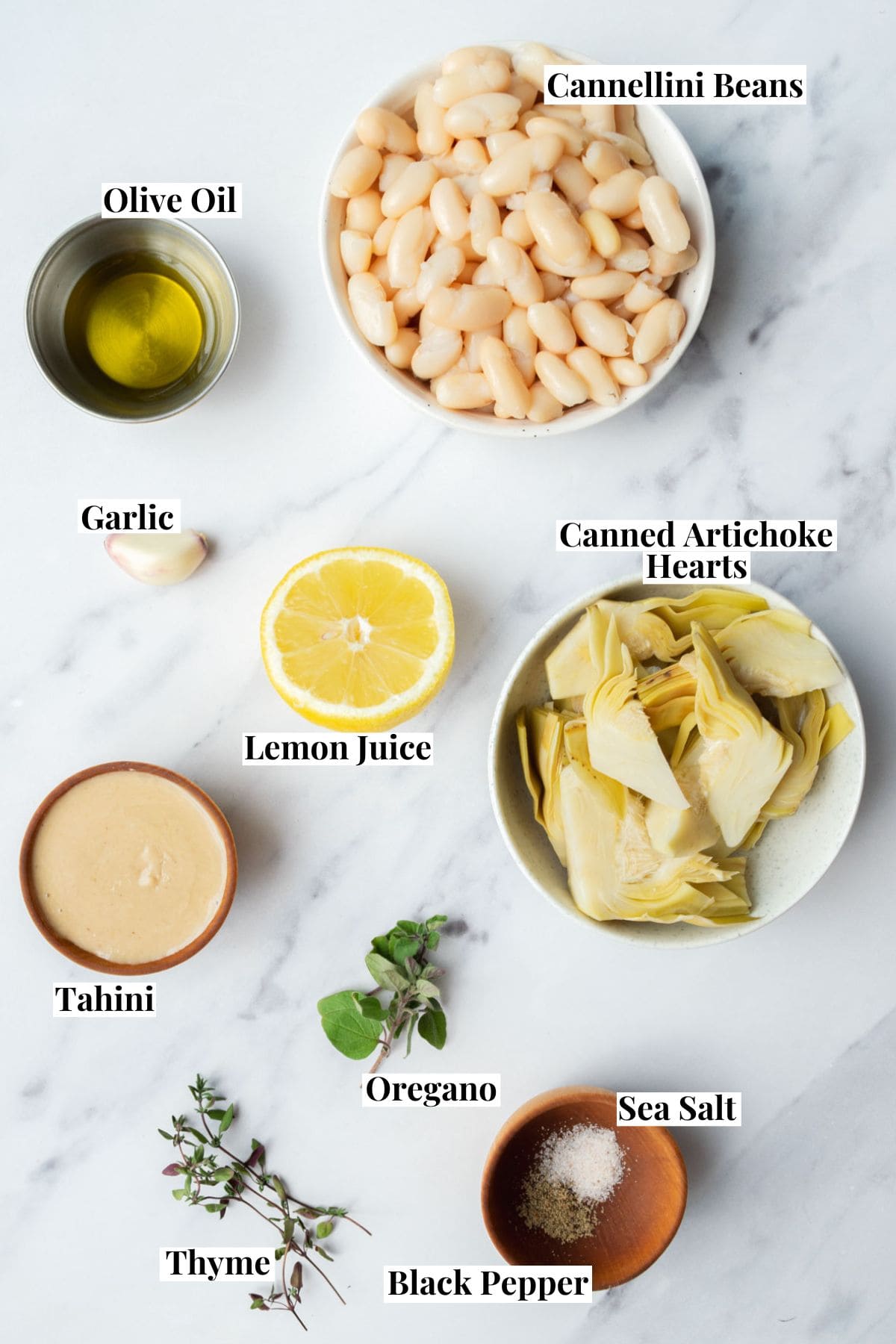 artichoke white bean ingredients in bowls 