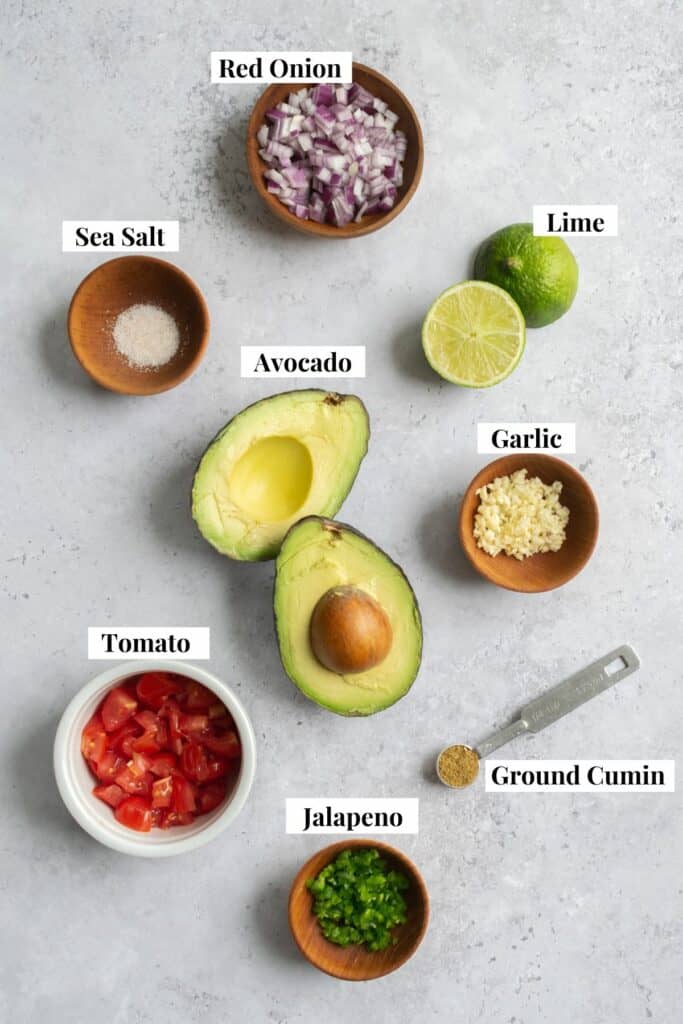 guacamole ingredients - red onion, lime, sea salt, avocado, garlic, cumin, tomato, jalapeño.