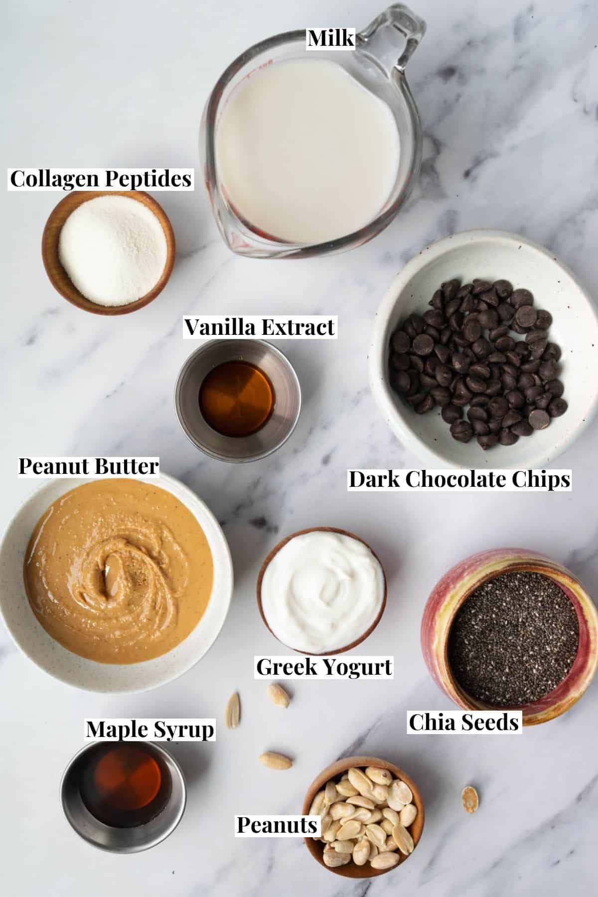 Recipe ingredients placed in bowls and measuring cups.