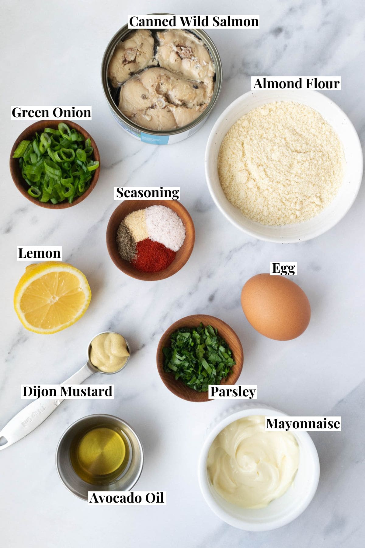 ingredients set out in bowls and measuring spoons.
