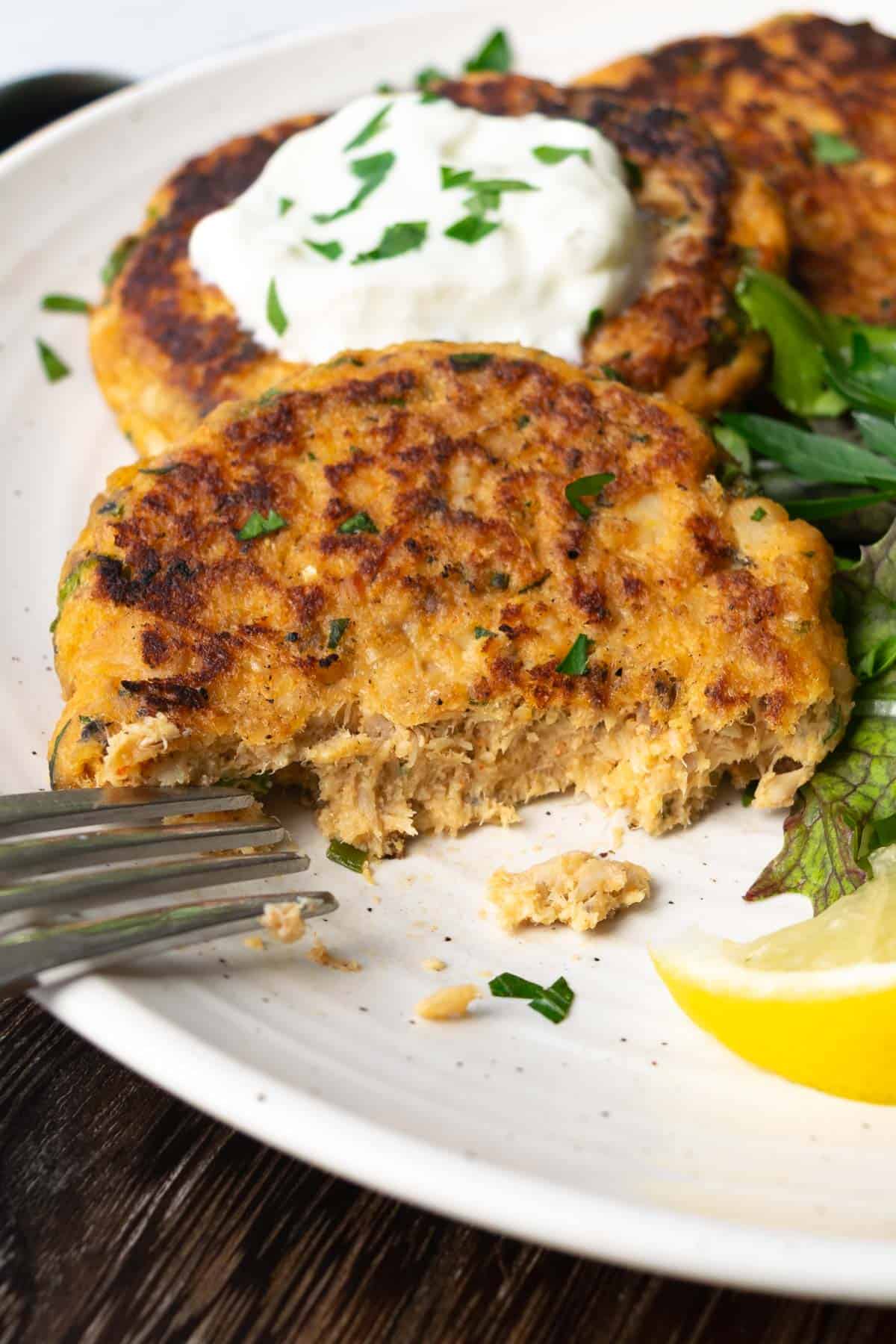 a salmon patty with some bites taken out of it.
